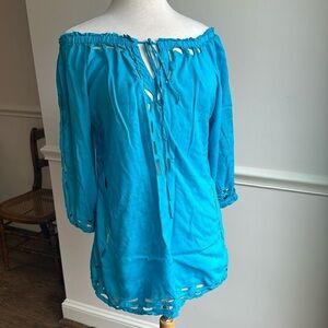 Gretchen Scott Long Tunic Top Blouse Turquoise Cutouts Tie Front Small EUC